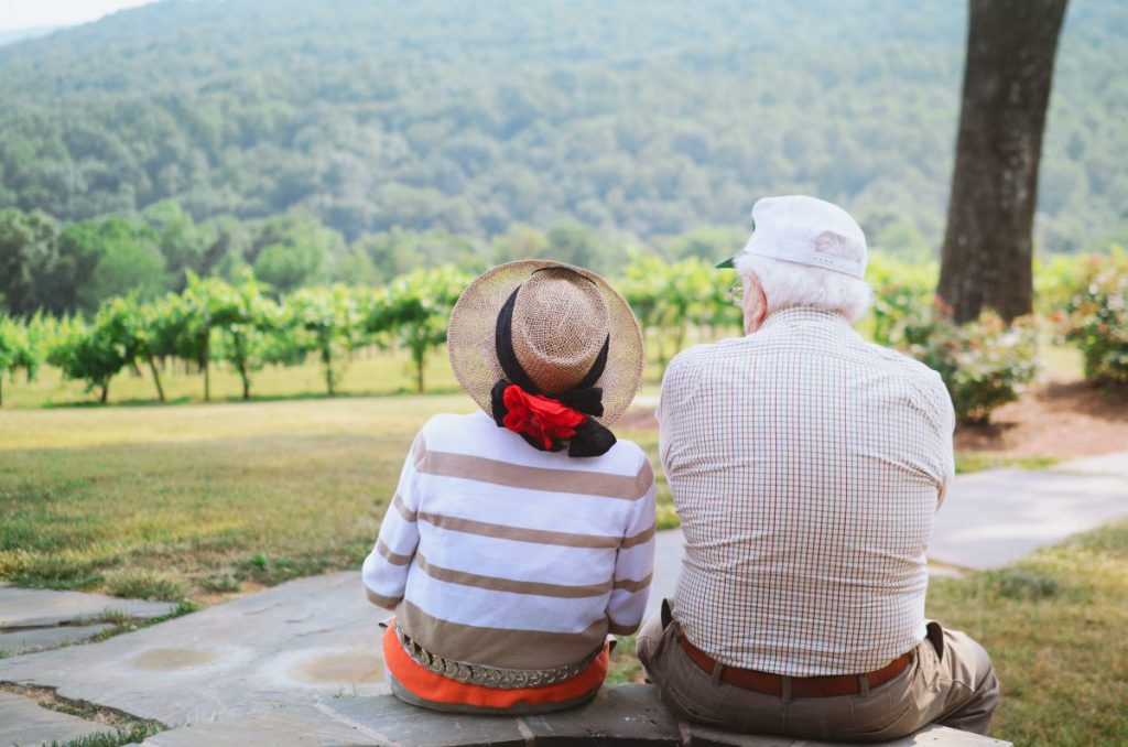 Elderly couple facing a vineyard.