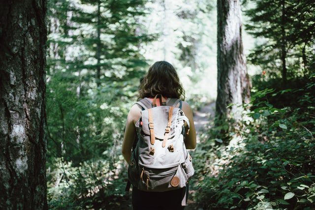 Women wearing a backpack hiking in the forest