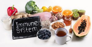 Immune system sign with fruits and veggies