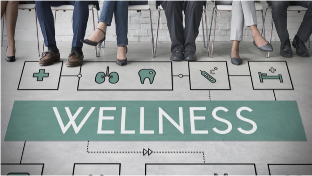 Wellness written on the floor infront of a people sitting down in a corporate office setting