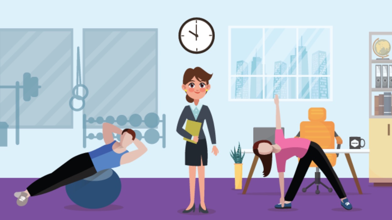 Corporate wellness image with people animated in an office working out and working