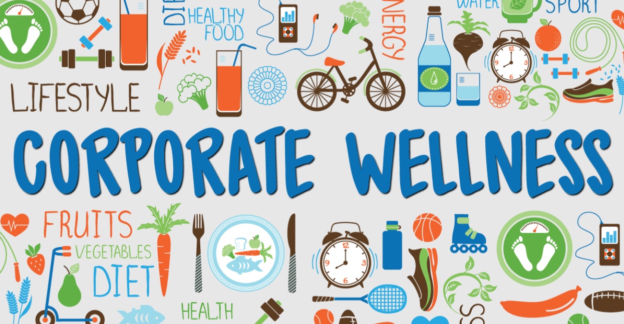 Corporate wellness graphic with a bunch of healthy icons and images around it